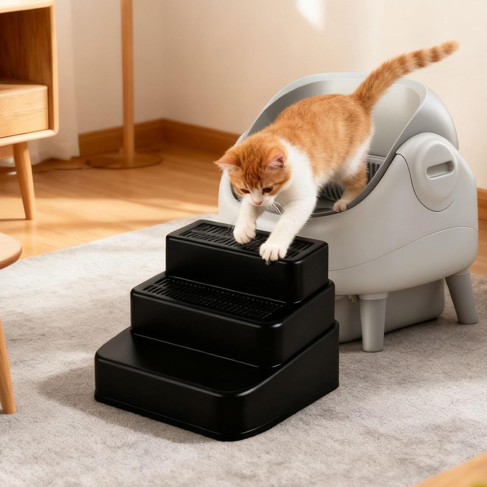 Adjustable 3-Step Cat Litter Box Ramp with Litter Trapper - Non-Slip Design
