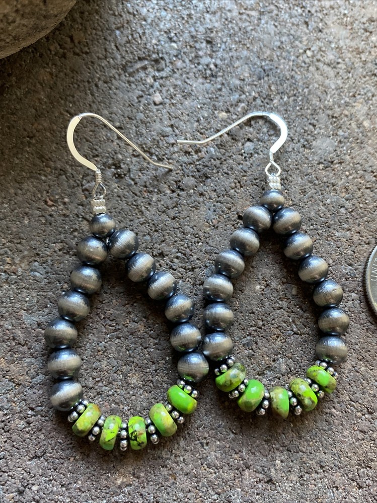 Sterling Silver Green Turquoise W Pearls Bead Loop Earrings.