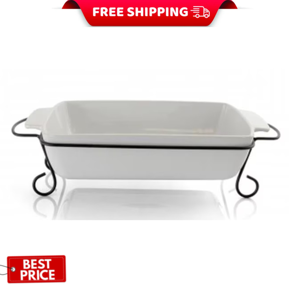 Gibson Elite 2pc Rectangular Stoneware Bakeware Set w Metal Rack Oven Safe