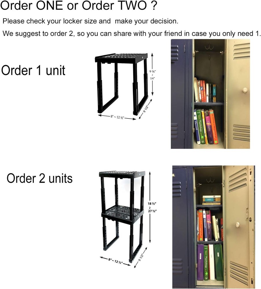 Locker Organizer Shelf， Adjustable Width and Height, Ideal Locker (Black)