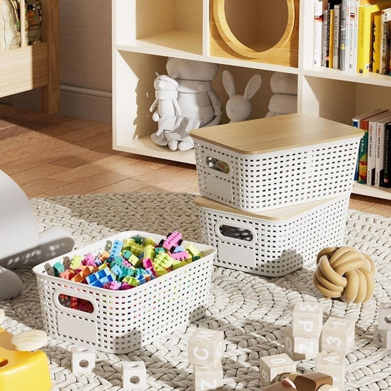 Stackable Plastic Storage Bins W/ Bamboo Lid 5Qt Organizing Baskets 6 Pack New