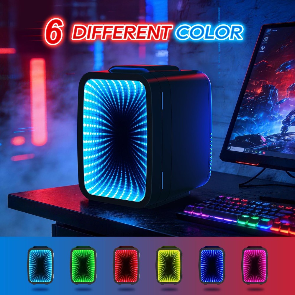 BEICHEN Mini Fridge, 4L/6 Can Small fridge with Dimmable Gaming Light Black