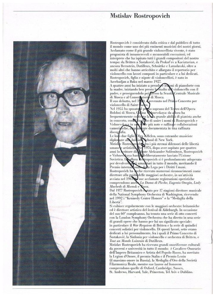Mstislav Rostropovich 1927-2007 genuine autograph signed 8"x12" program page