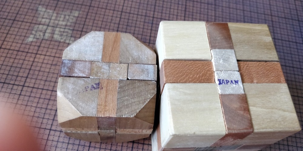 3 Wooden Puzzle Brain Teasers - Cube, Sphere, Rounded cube