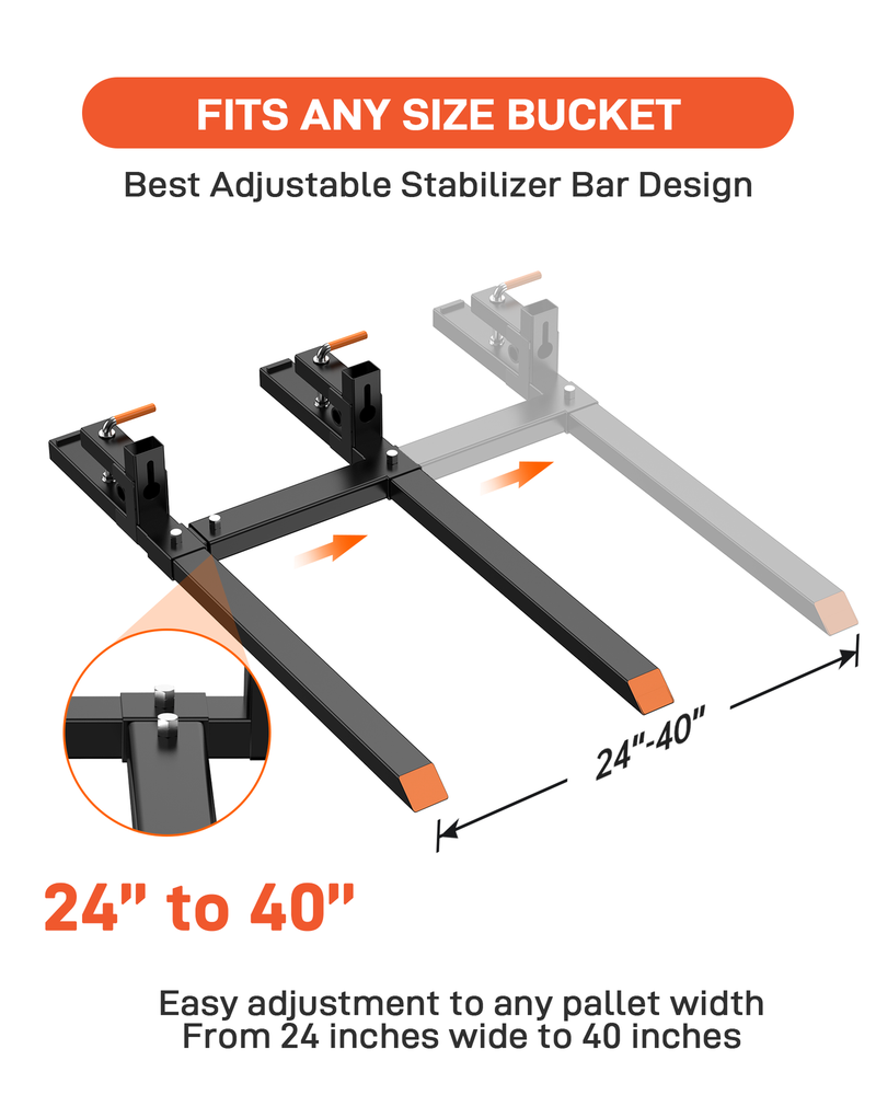 60" Clamp on Pallet Forks 4000 LBS Bucket Fork with Adjustable Stabilizer Bar