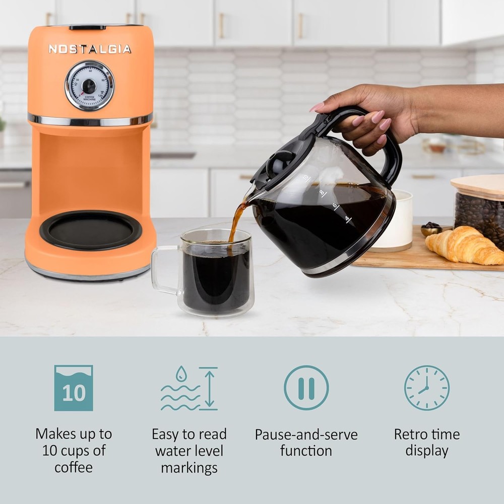 Nostalgia Retro 10-Cup Coffee Maker - Orange One-Touch Drip Brew