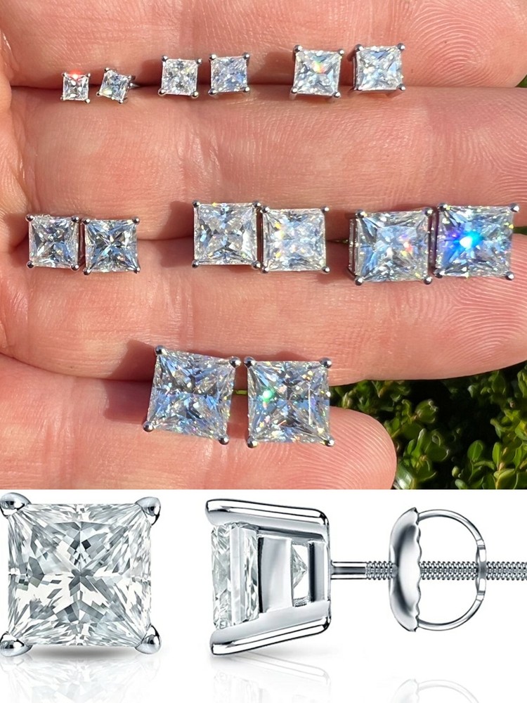 Real Square Princess Stud Earrings Unisex Silver Passes Tester