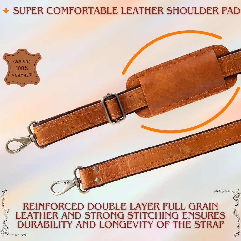 Bag Strap Replacement - Genuine Leather, Double Layered, Brass Swivels