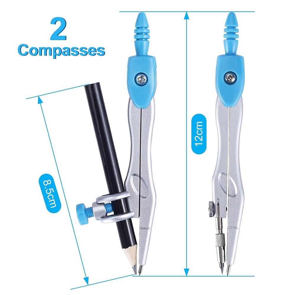 Math Geometry Kit Set 10 Pieces with Shatterproof Storage Box, Student Blue