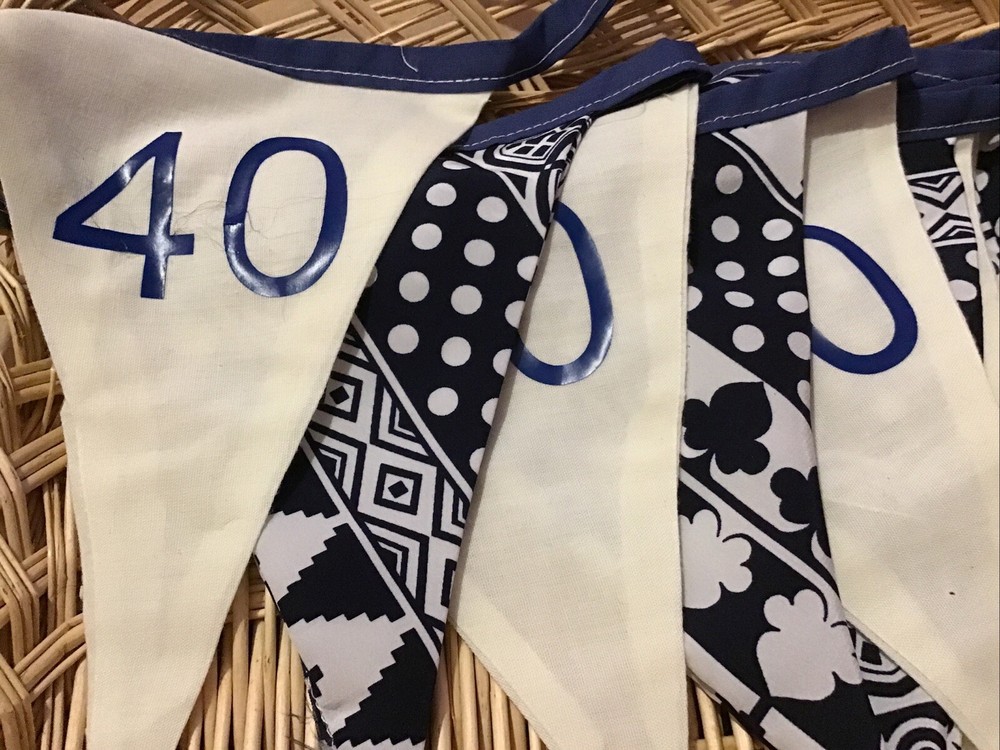 Handmade Double Sided Bunting 12 Flags Approx 3m- White And Blue - Birthday 40