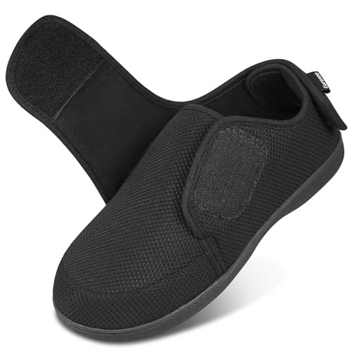 Men's Diabetic Wide Width Adjustable Slippers with Memory Foam and 10 Black