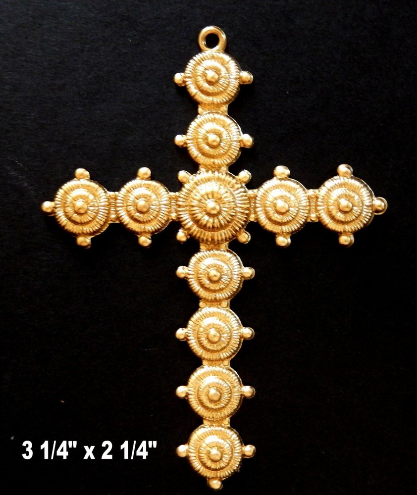 Large Cross / Ornate Design/Raw Brass Stamping/Loop for Hanging