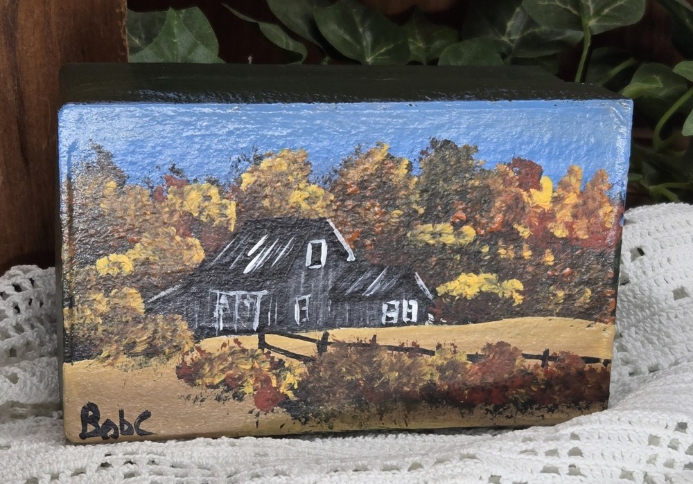 paper mache rectangular box w/ fall barn (26019) hand painted