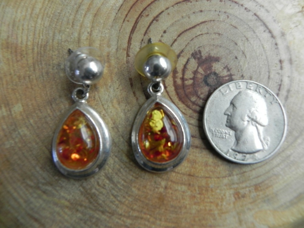Amber & Sterling Silver Teardrop shape dangle Earrings