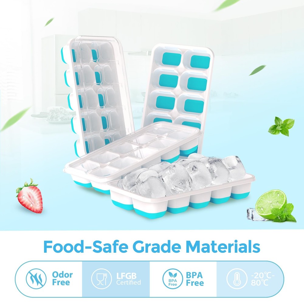 DOQAUS Ice Cube Tray with Lids - 4 Pack Stackable 7.2"*4.1"*1.3", Light Blue