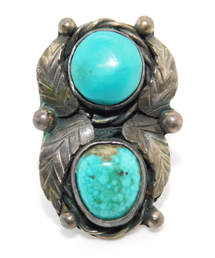 Native American Signed JF 925 Sterling Silver Turquoise & Leaf Ring SZ 6.25