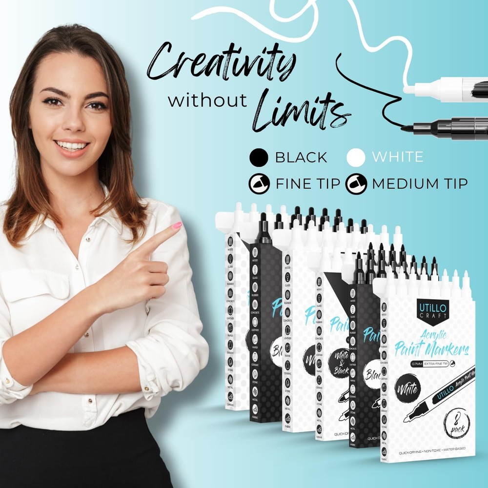 Utillo Craft 8-Pack White Paint Pens Medium Tip Made in Japan Bold 100% Coverage