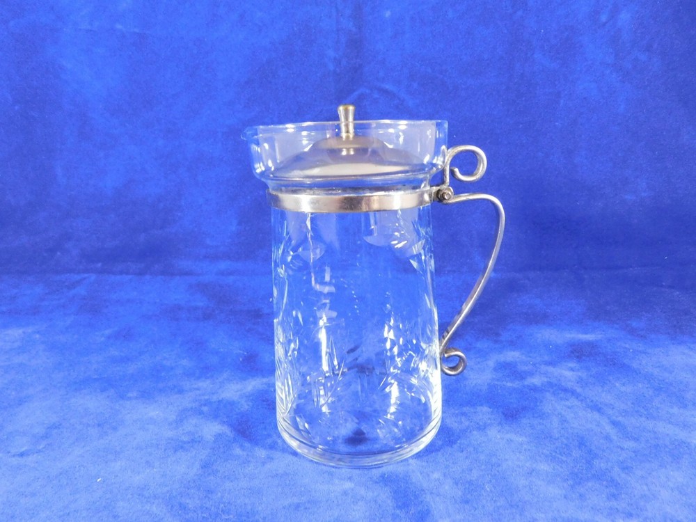 Vintage Crystal Etched Syrup Pitcher Silver Hand Made Handle