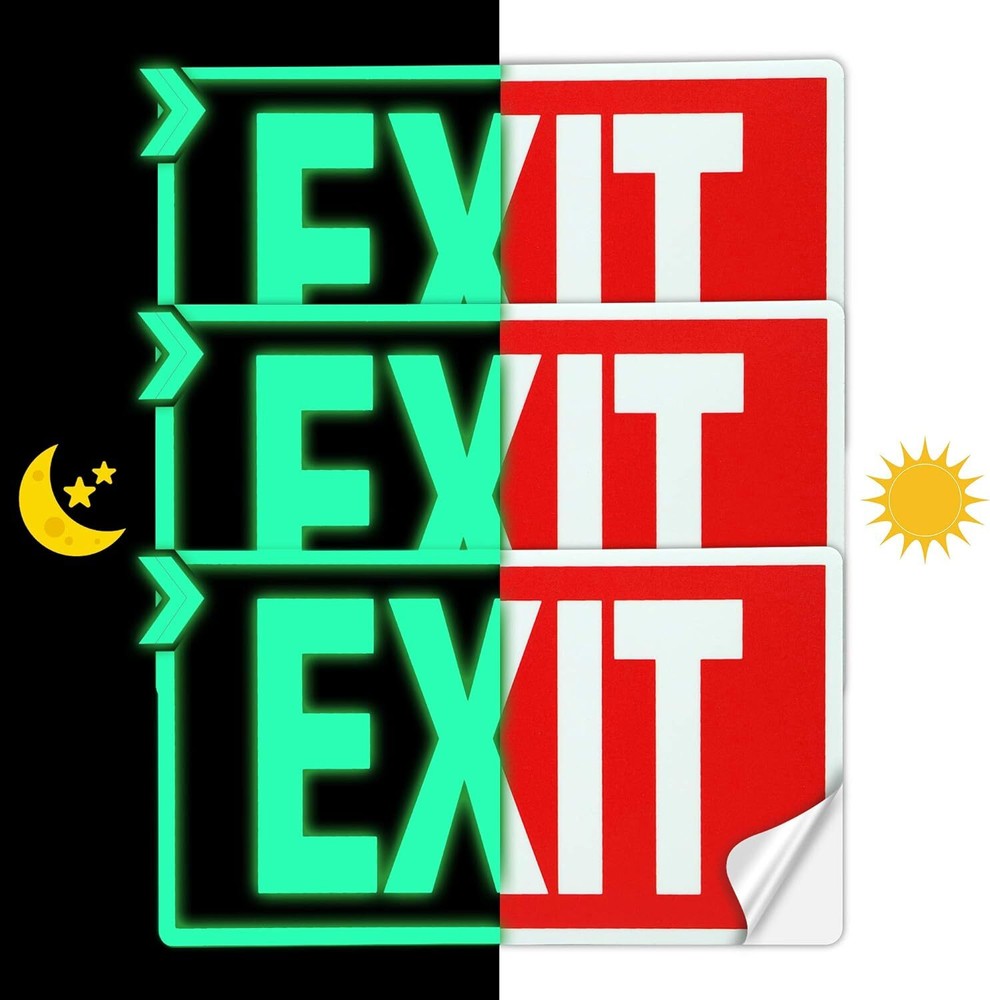 EXIT Signs Glow In The Dark EXIT Decals 3 Pack 12"x7" EXIT Photoluminescent Sign
