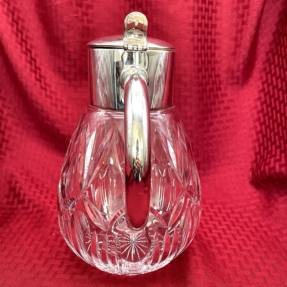 VINTAGE LARGE CRYSTAL COOLING PITCHER SILVER HANDLE AND LID