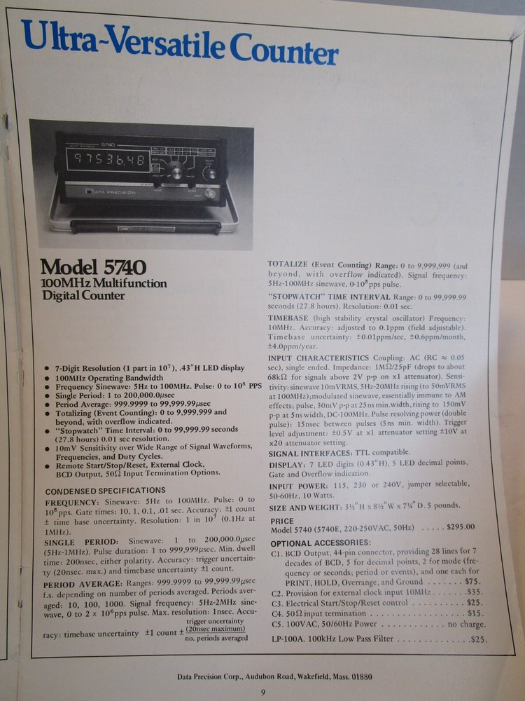 DATA PRECISION Model 5740 Multifunction Frequency Counter 100MHz *SEE VIDEO*