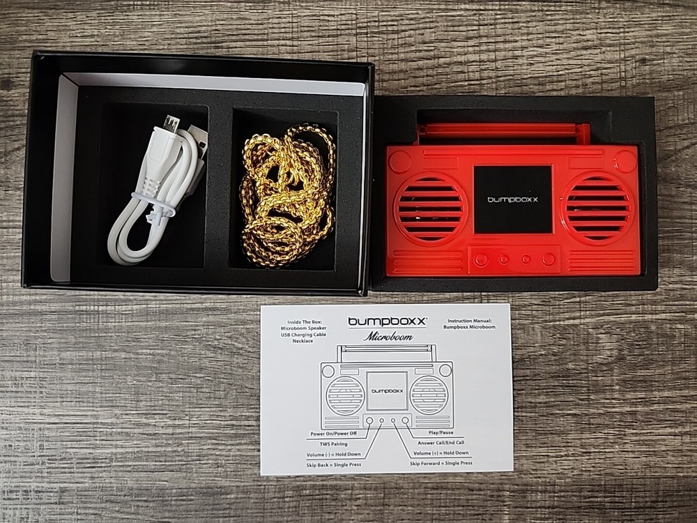REFURB BUMPBOXX Red Bluetooth Wireless Speaker Microboom W/Charger & Chain