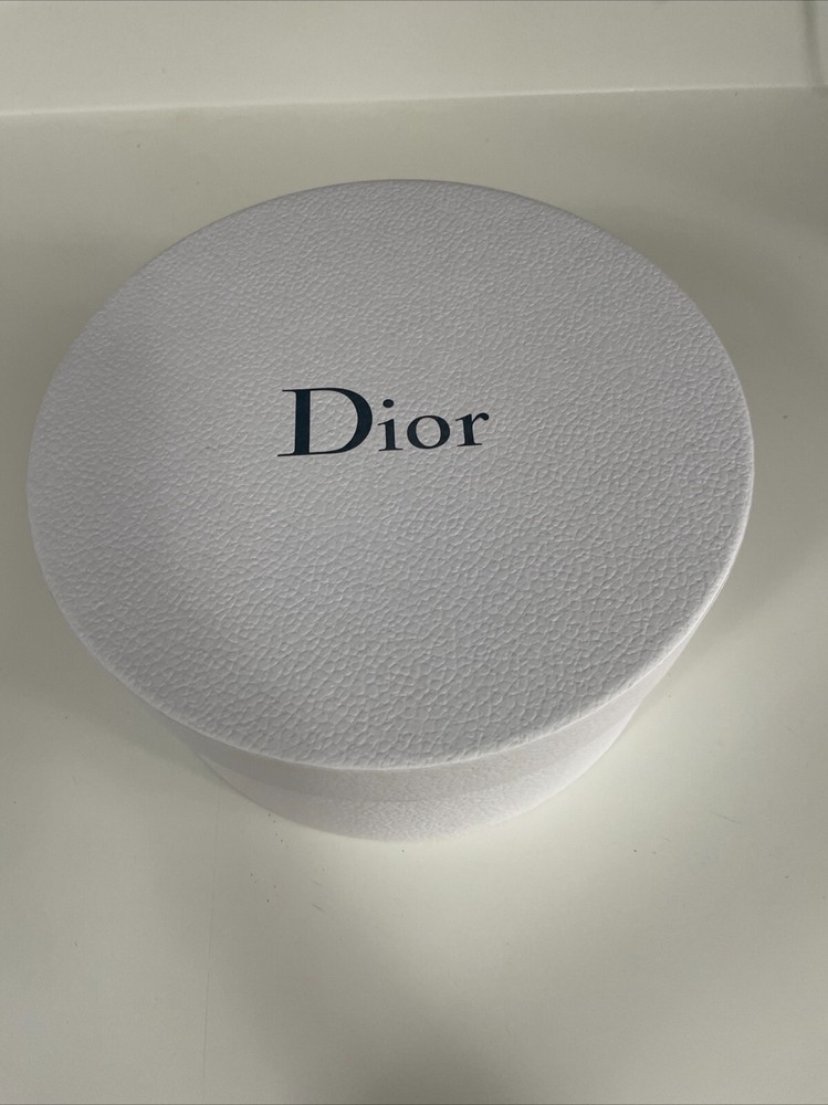 RARE DIOR Empty Round Gift Box White Gray Logo Pebble Texture HOLIDAY Storage