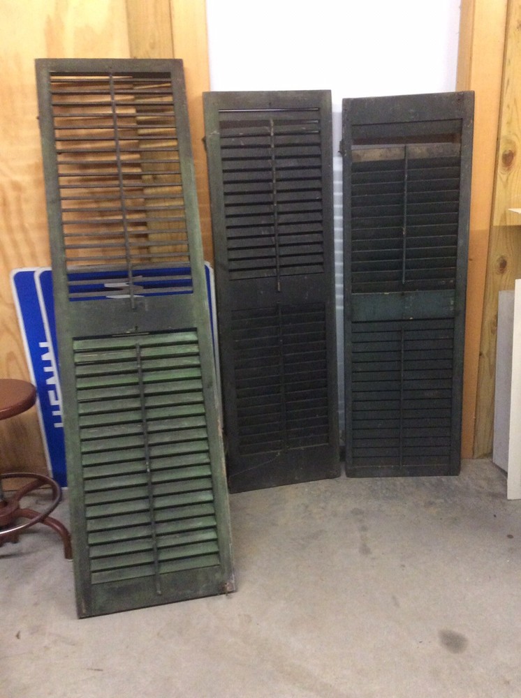 3 Vintage Green Wood Shutters - Solid - Partial Hinges - Good