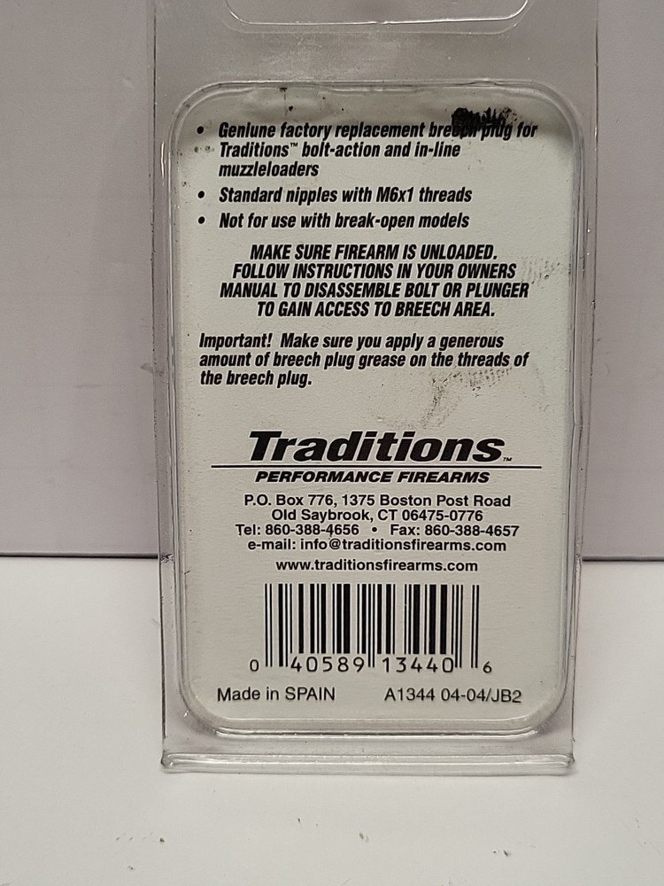 TRADITIONS REPLACEMENT BREECH PLUG A1344 IN LINE & BOLT ACTION MUZZLELOADERS