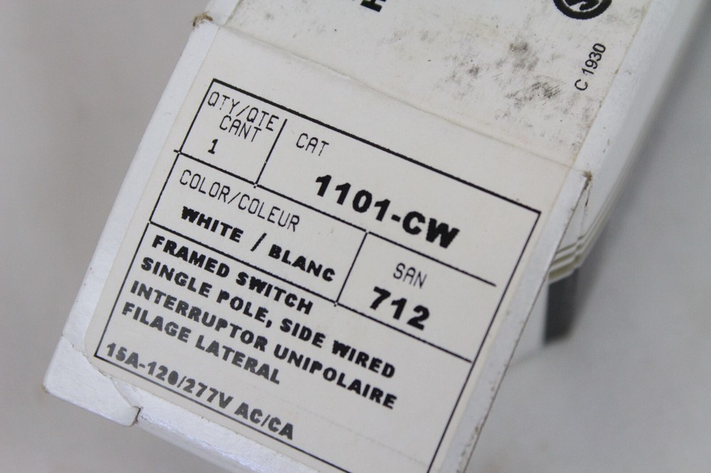 NEW LEVITON # 1101-CW SINGLE POLE FRAMED SWITCH WHITE