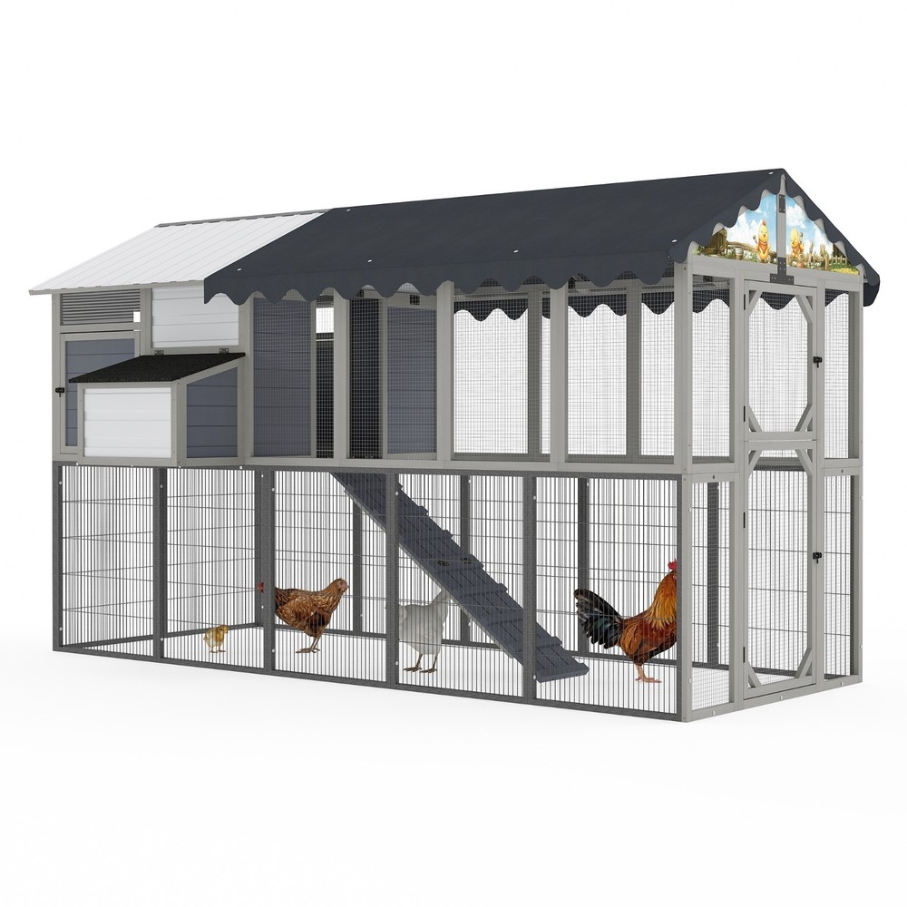 Extra Large Chicken Coop with Nesting Box, Perches and Waterproof Cover Gray