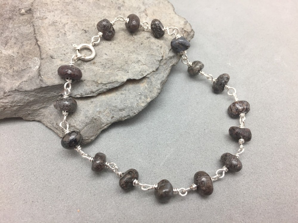 Fossil Dinosaur Bone Bead Bracelet Sterling Silver 7.5" Wrist Medium Hand Made