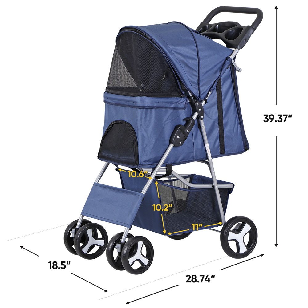 Compact Navy Blue Pet Stroller with Mesh Windows and Quality Upgrades