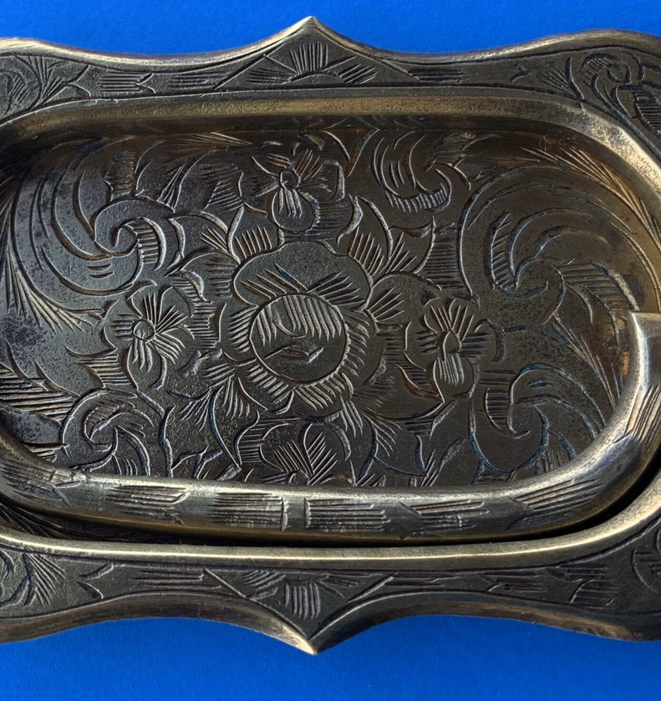 Antique Hardware Brass Engraved Tool Chest Flush Handle Drawer Pull 3.25”Centers