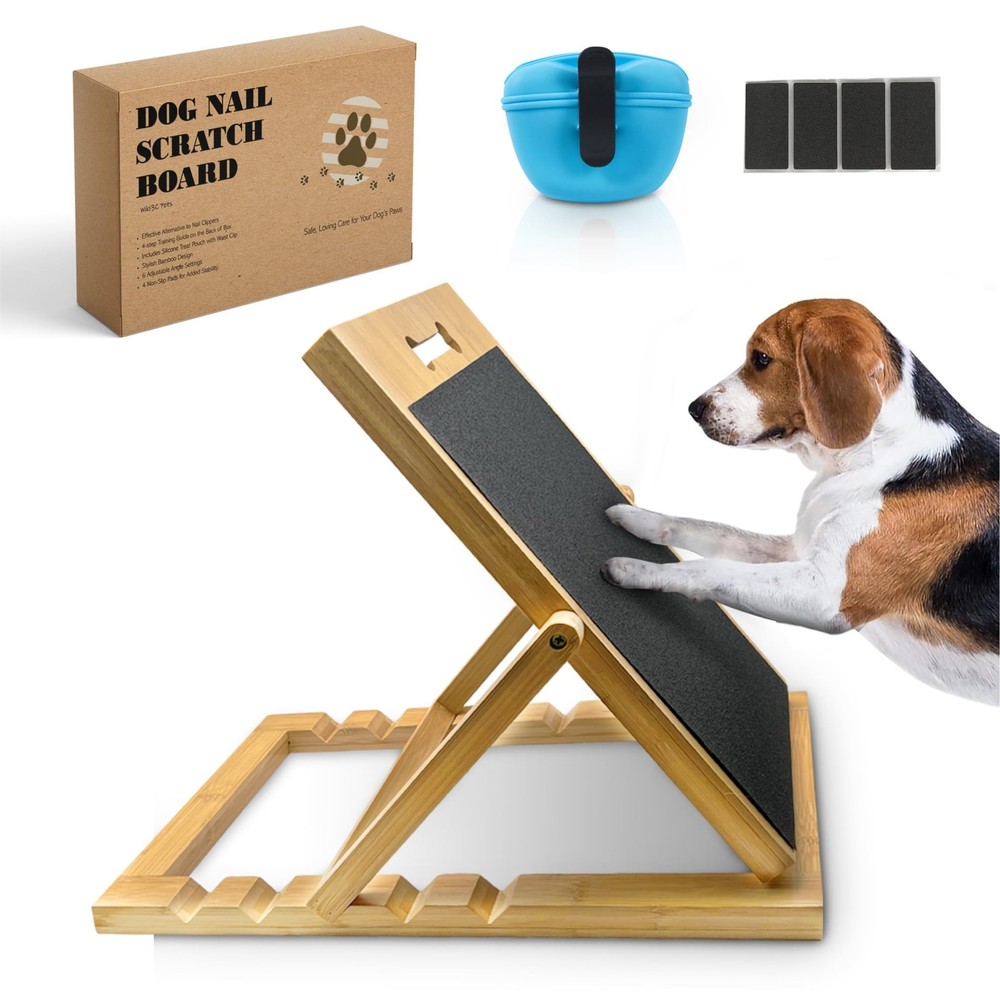Solid Bamboo Dog Nail Scratch Board – 5 Adjustable Angles for Trimming & Fili...