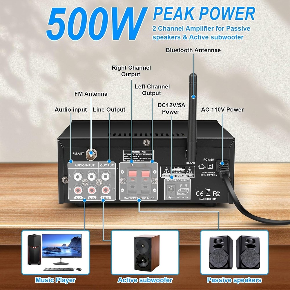 Compact 500W Audio Amplifier with Bluetooth