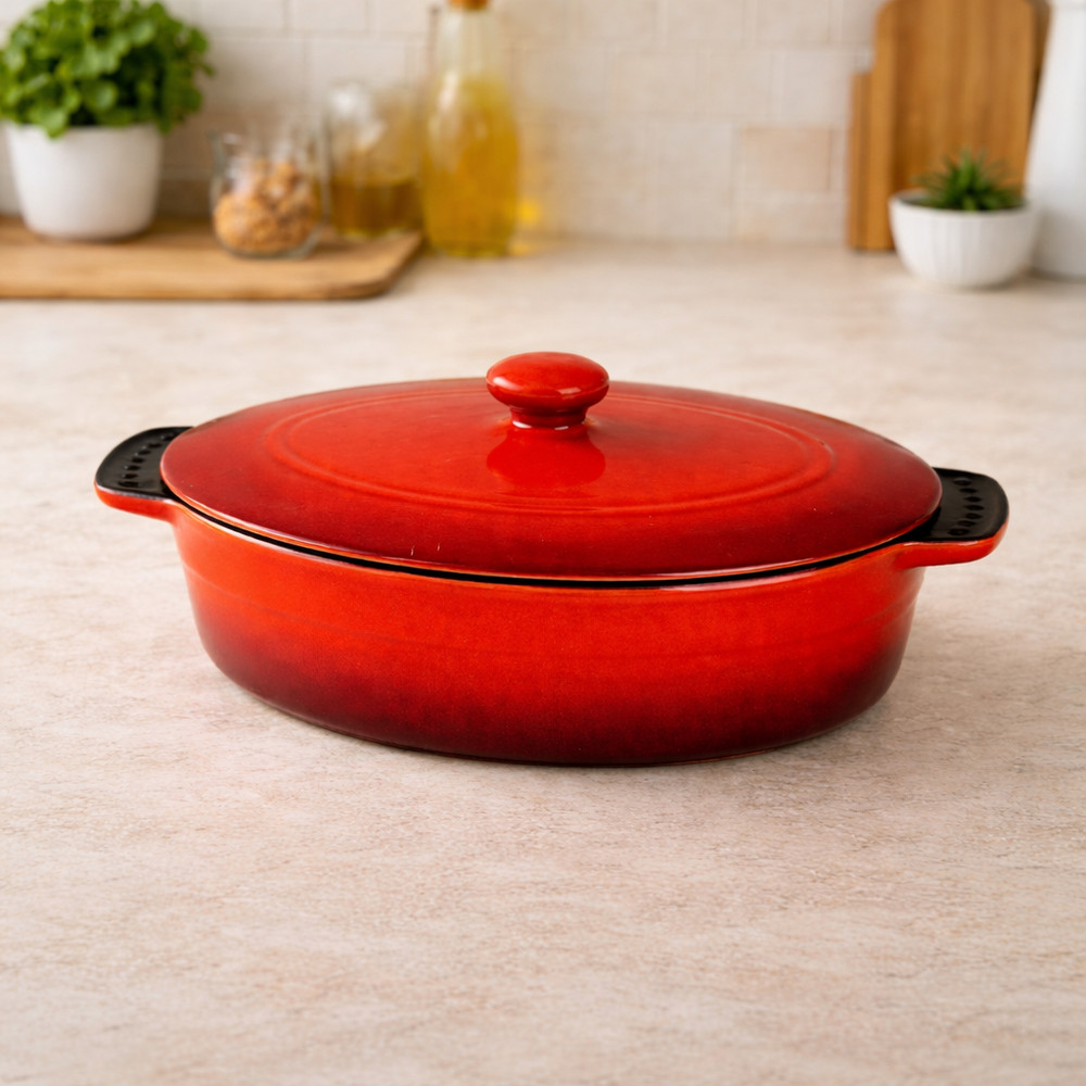 Parini Red Ceramic Oval Baker with Lid – Versatile Cookware & Bakeware