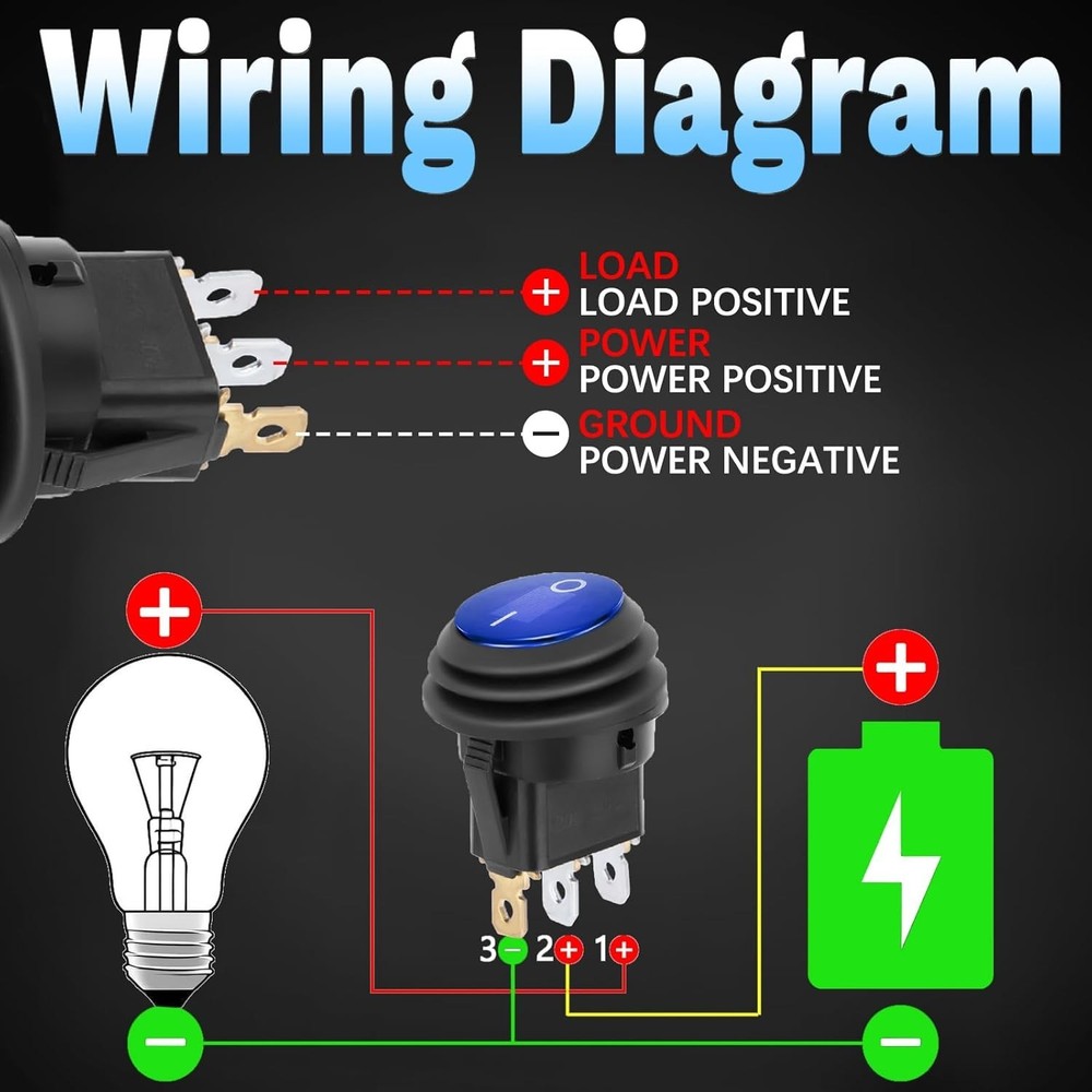 Round Rocker Switch, Toggle Switch 12V, Waterproof Lighted LED On/Off Switch ...