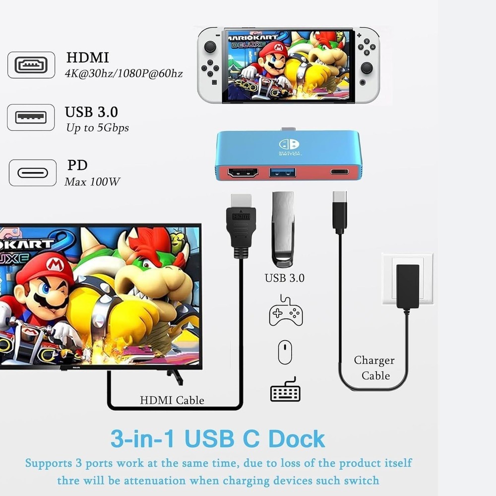 4K HMDI Dock for Nintendo Switch OLED USB-C TV Mode PD Charging