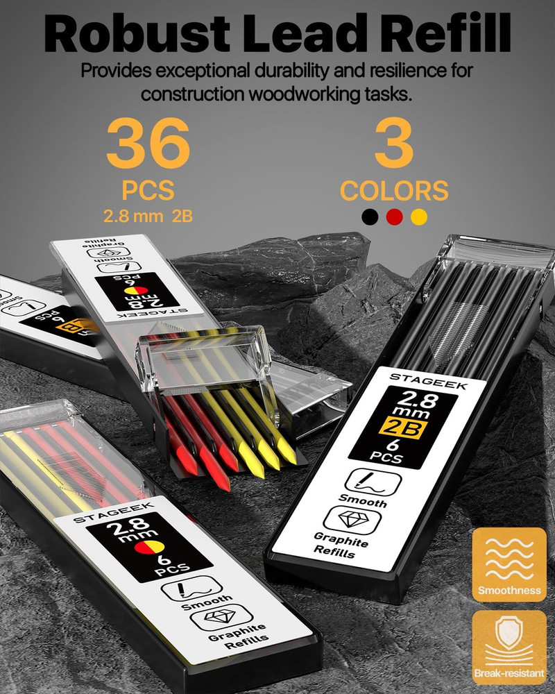 3PCS Carpenter Pencils with Sharpener, Heavy Duty Woodworking Tools, Mechanical