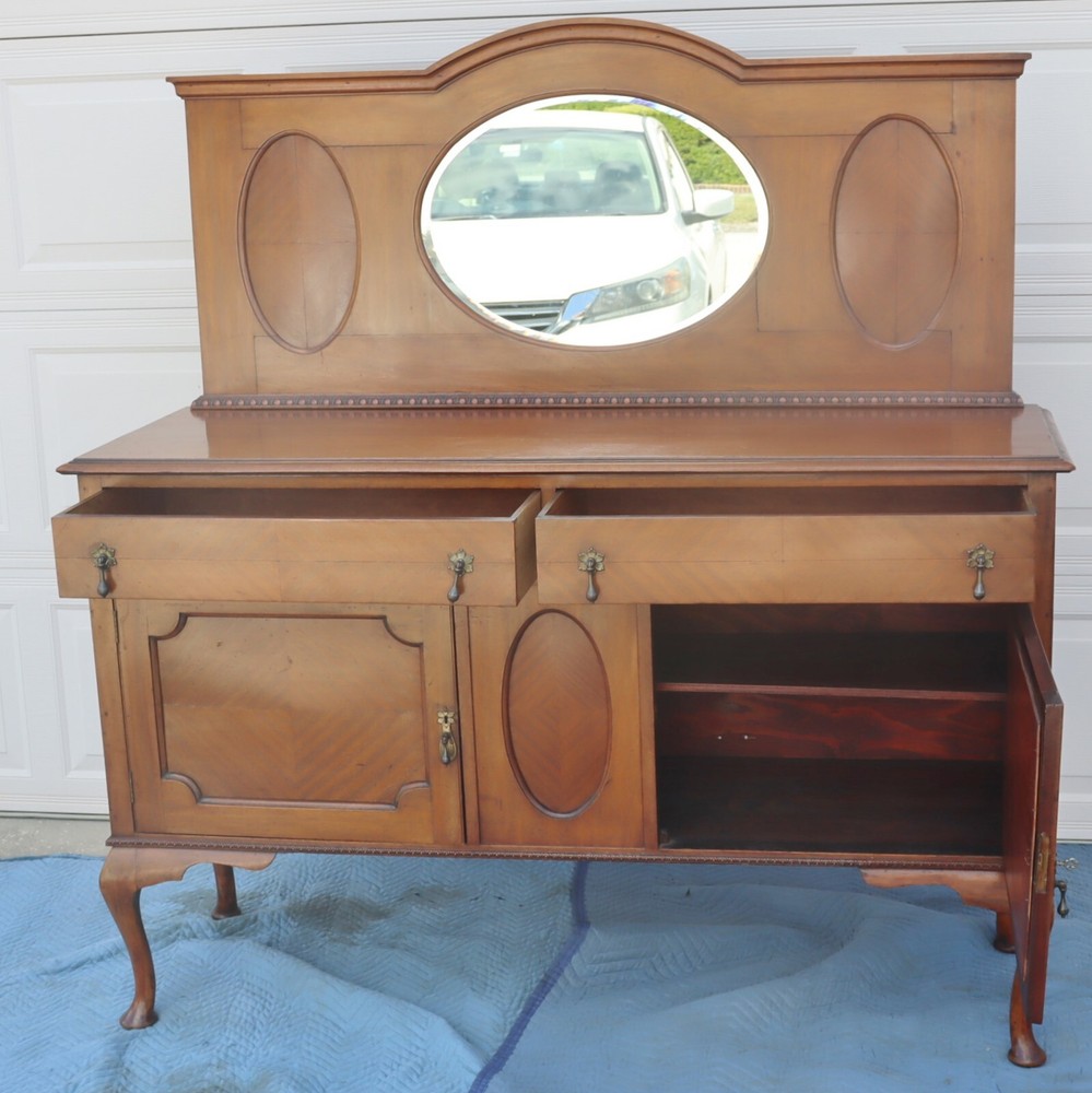 Antique Oak Sideboard Buffet / Server with beveled mirror
