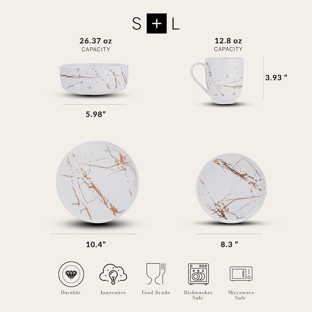 Porcelain 16 Piece Dinnerware Set, 4 Full White Gold Splash Sets
