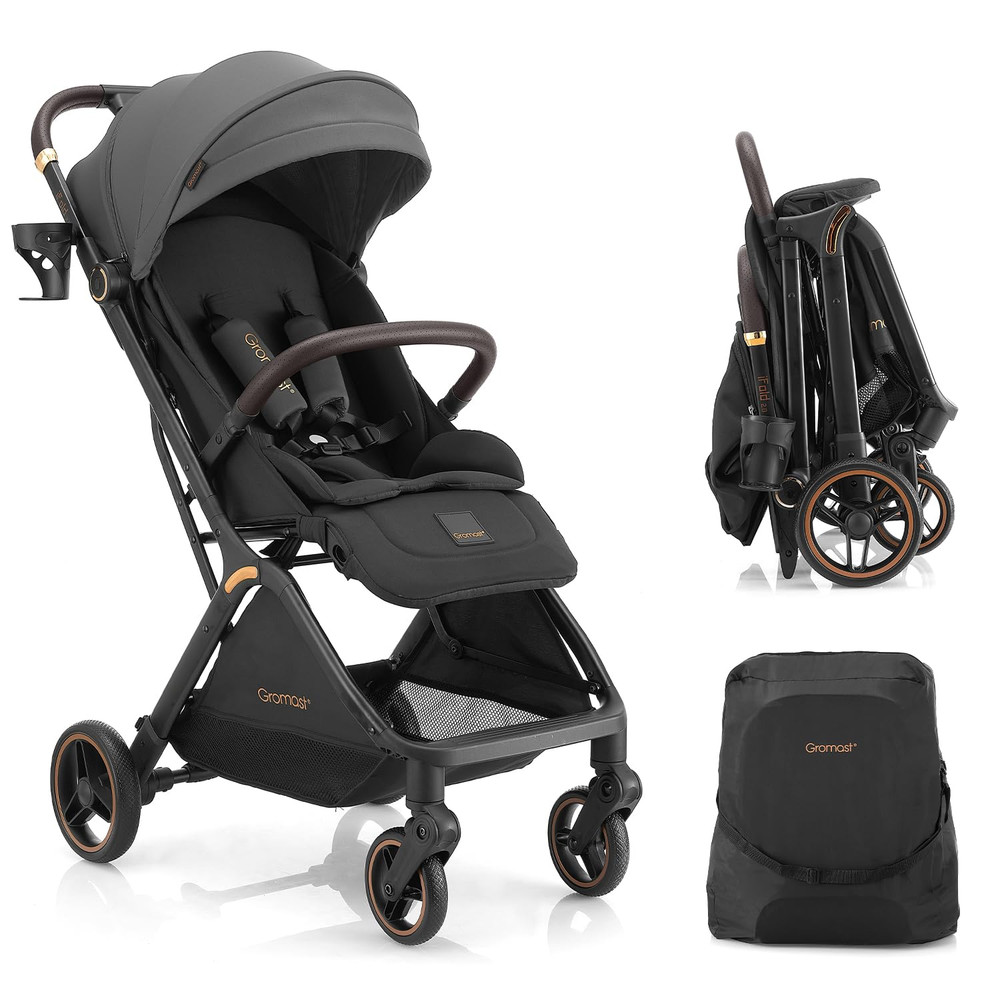 Lightweight Gravity Folding Baby Stroller with Canopy & Cup Holder - Dark Gray