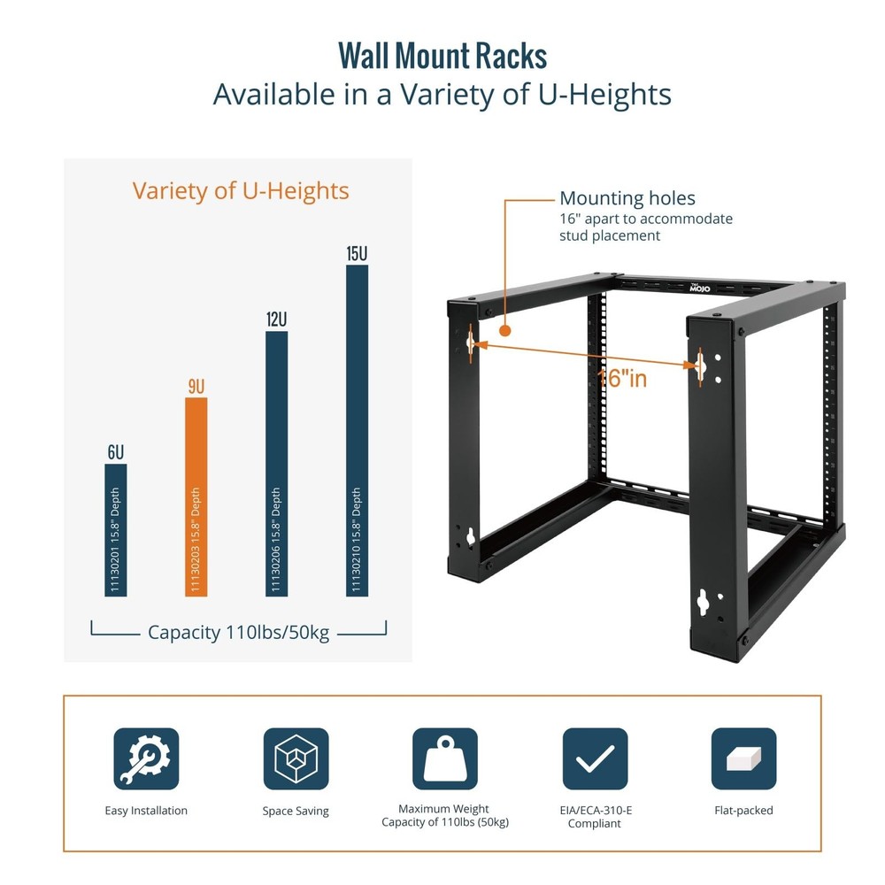 Tecmojo 9U Fixed Wall Mount Network Rack 15.8inch Depth 9U/15.8" Depth, Black