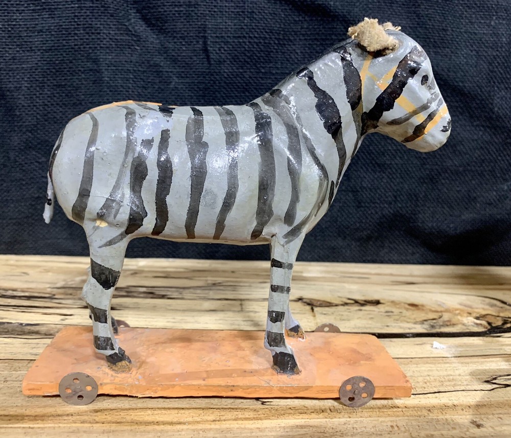 Antique Paper Mache Zebra Pull Toy on Wheels