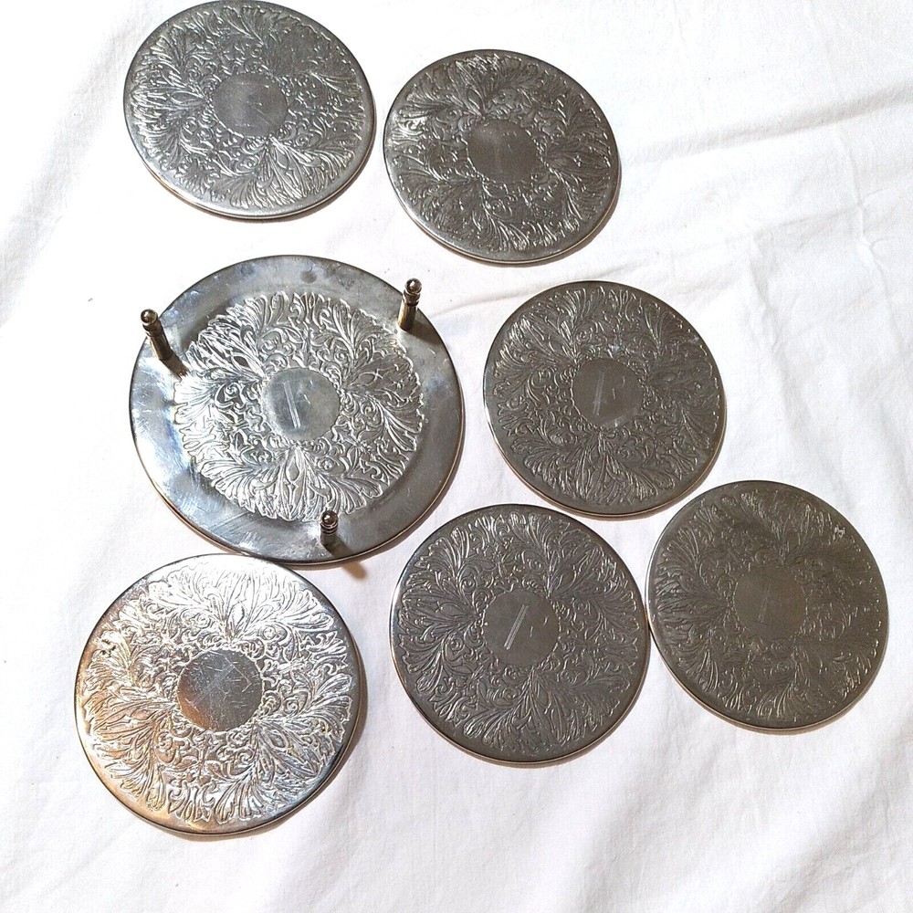 Initial F Engraved Monogram Leonard Silverplate Coasters with Holder Caddy