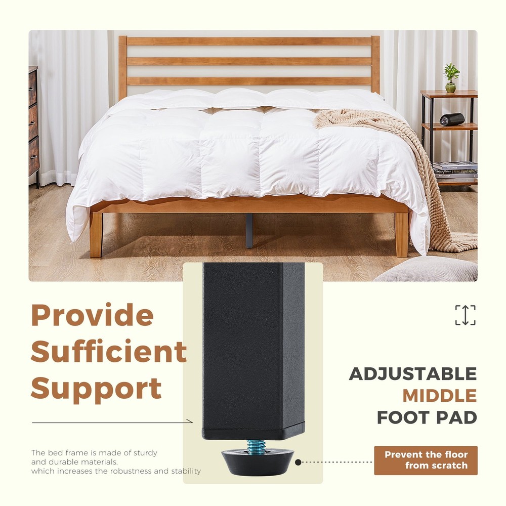 4 Sizes Solid Wood Bed Frame w/ Headboard Walnut Finish Wood Slat Support System