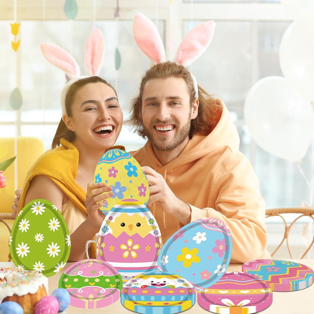 Easter Egg Tableware - 60 Pcs Bunny Egg Shaped Plates & Napkins Set for Happy E