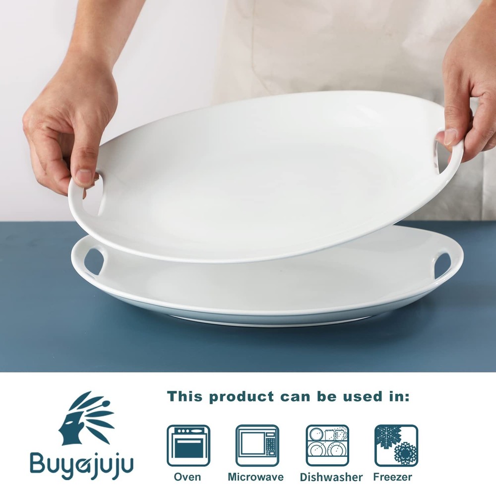Buyajuju 14" Porcelain Serving Platter with Handles, Rectangular Dish