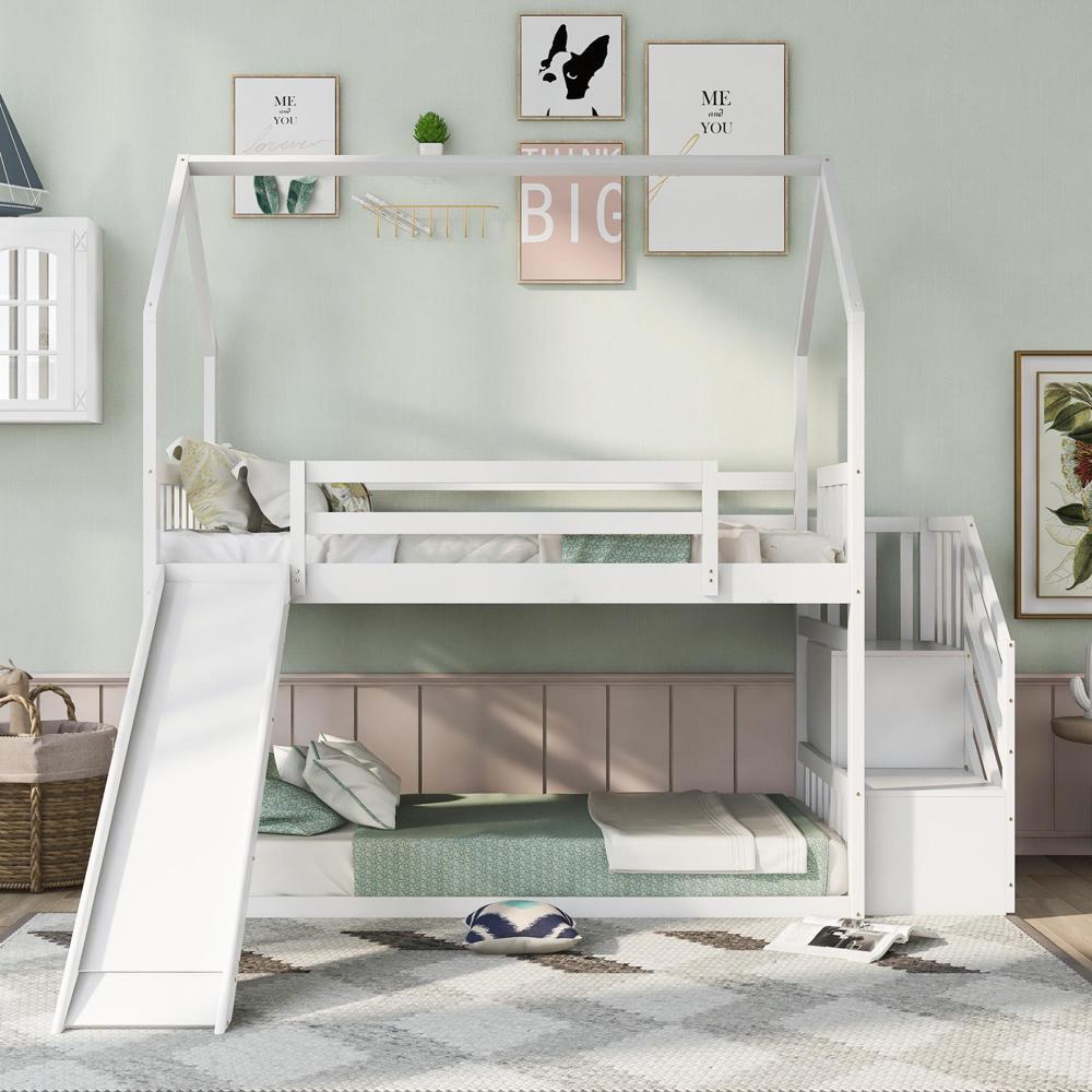 Twin over Twin Bunk Bed with Convertible Slide Staircase Solid Wood Construction